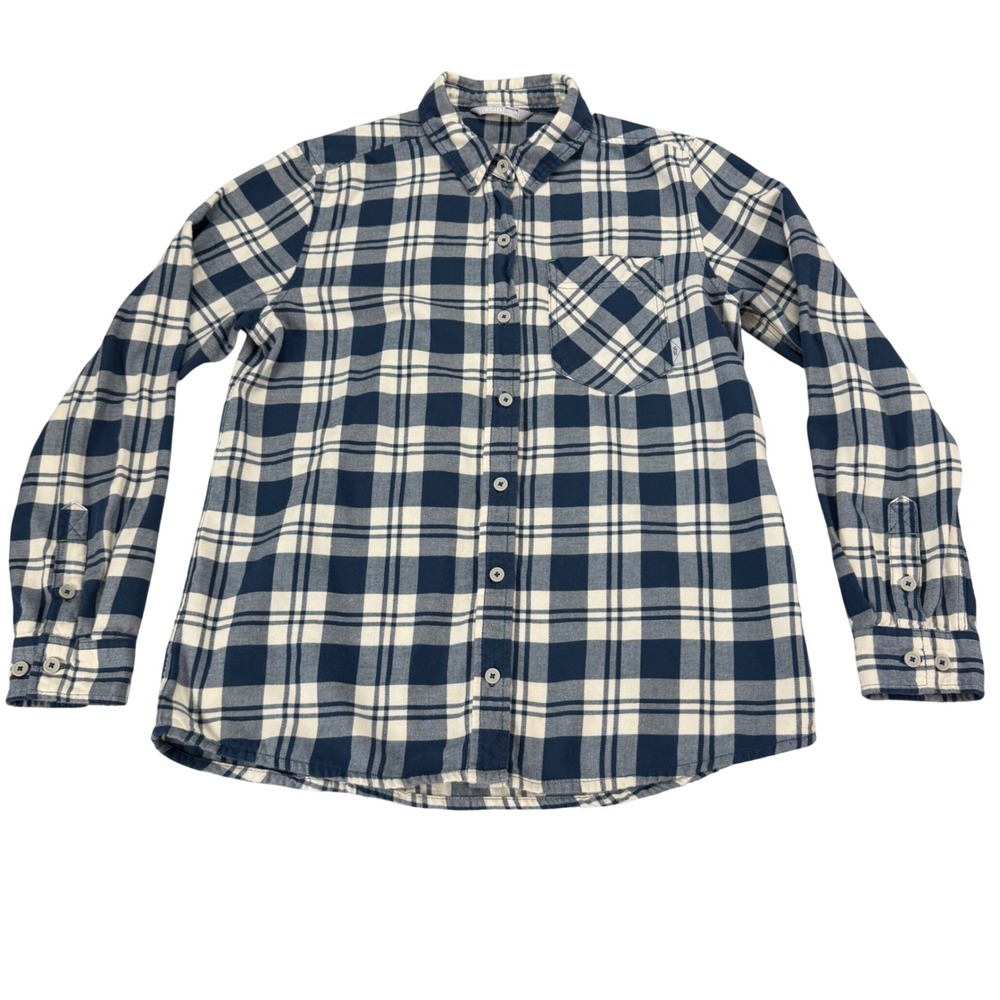 Stio Womens Medium Organic Cotton Flannel Shirt Navy Blue White Plaid